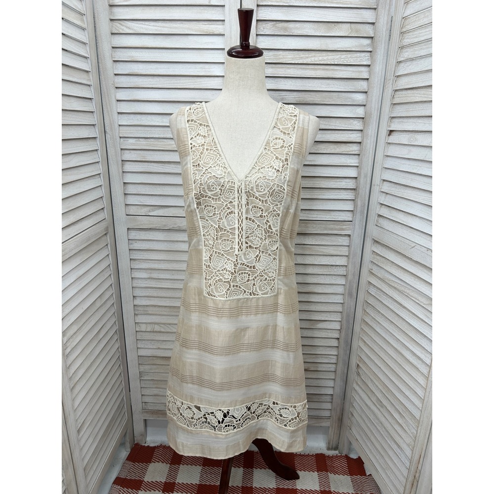 Tracy Reese Dress Medium Beige Cream Stripe Lace Boho Cottagecore Lagenlook